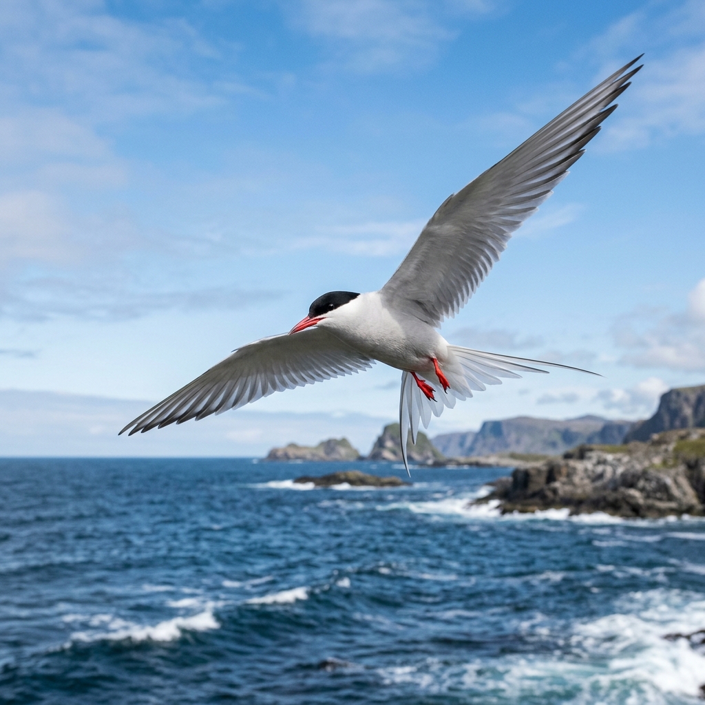 Arctic Tern in flight over northern ocean