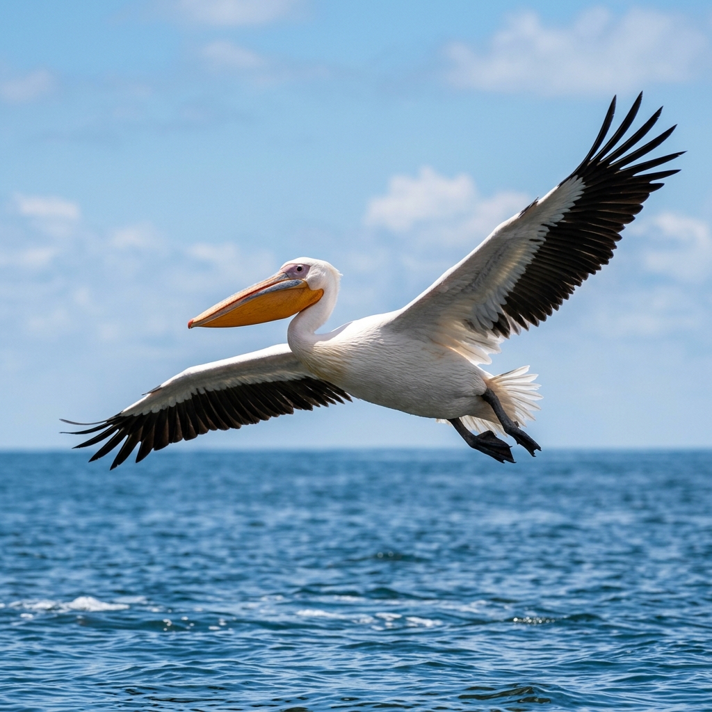 Great White Pelican in flight over water