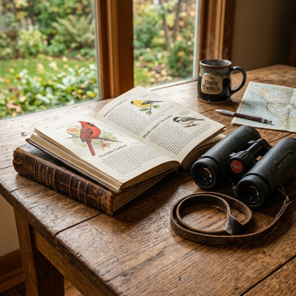 Birder with binoculars studying a colourful bird