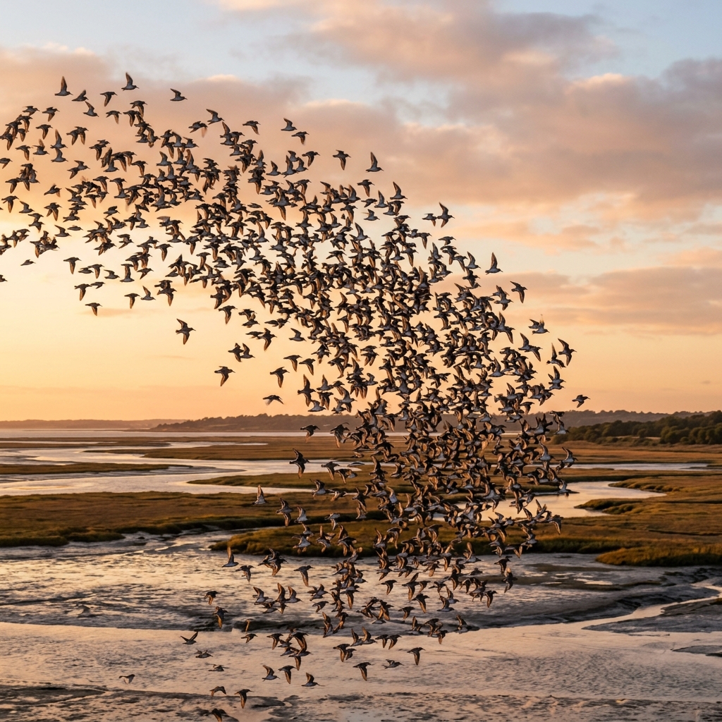 Flock of Western Sandpipers in synchronized flight over coastal wetlands