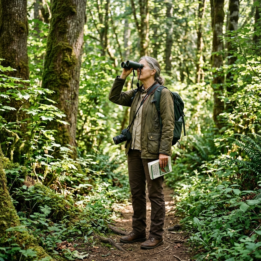 Birdwatcher with binoculars observing birds in forest