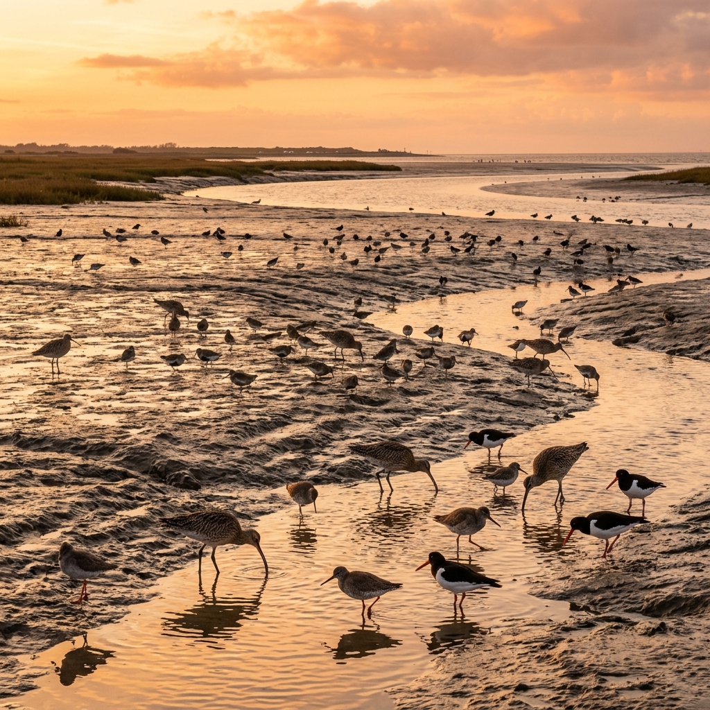 Shorebirds feeding on a vast estuary mudflat at golden hour