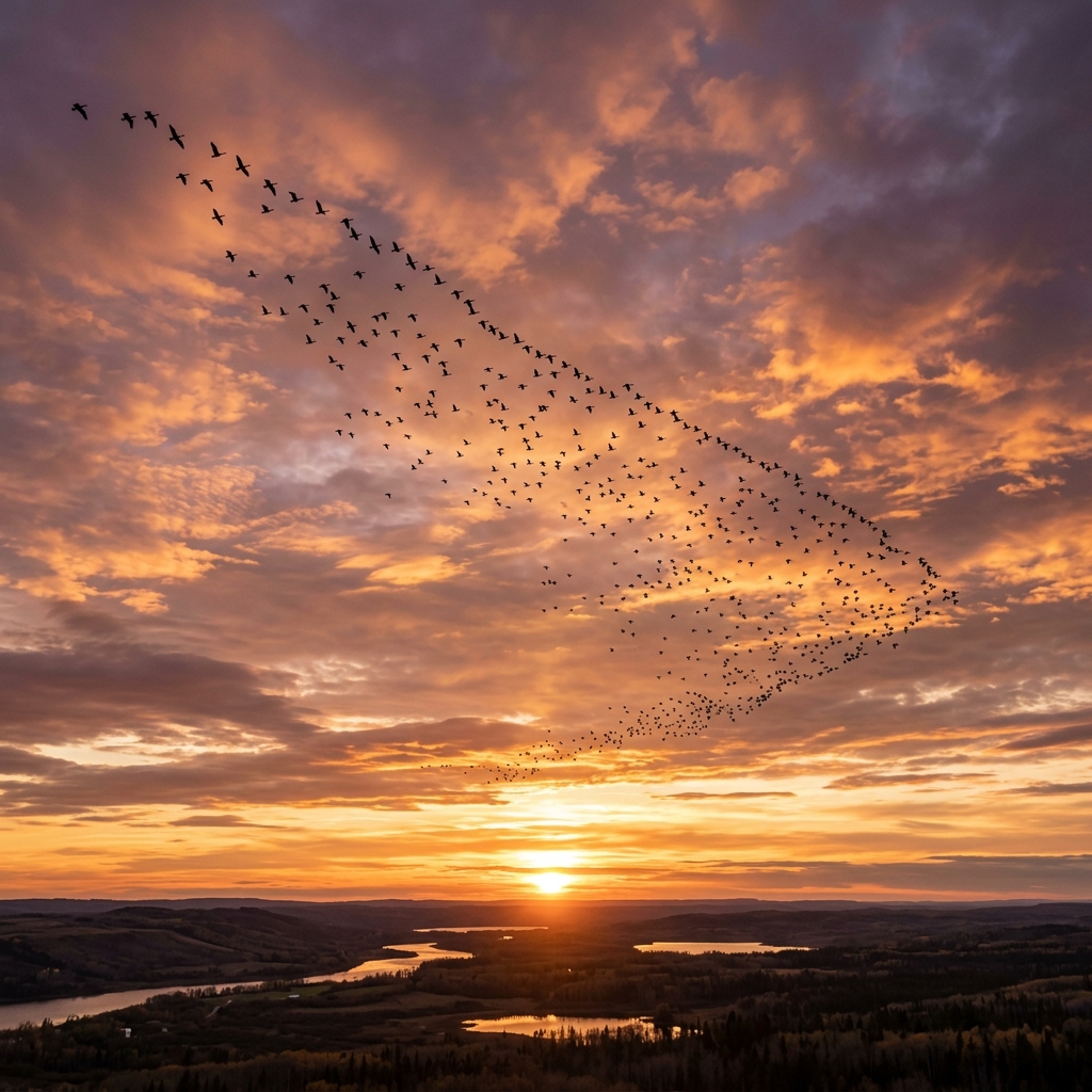 Flock of migratory birds flying at sunset